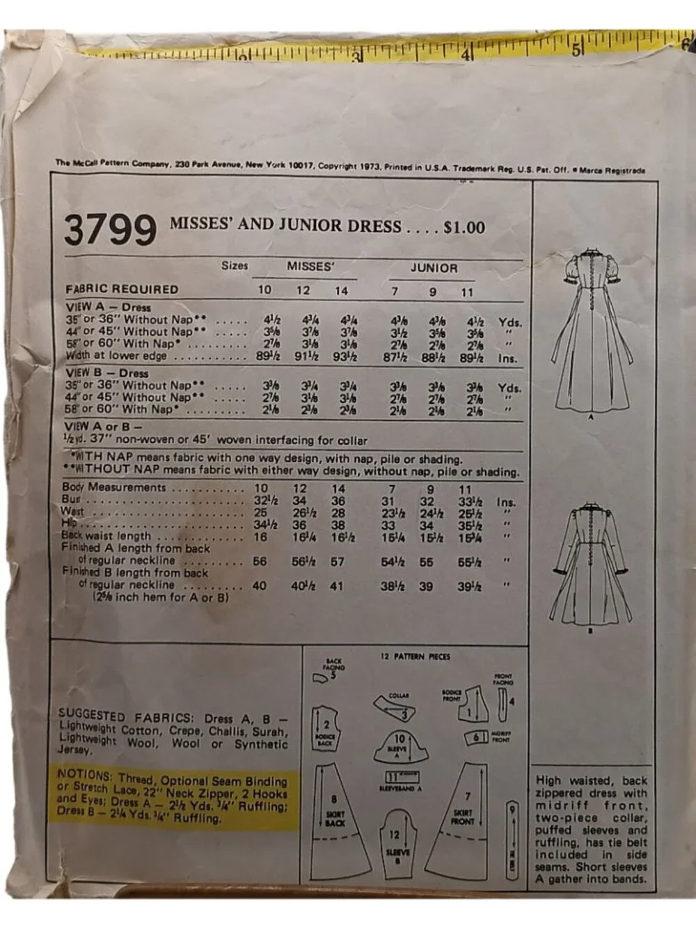 McCalls 3799 Misses & Junior Dress Sewing Pattern Size 7 or 14 1973 Vintage Care
